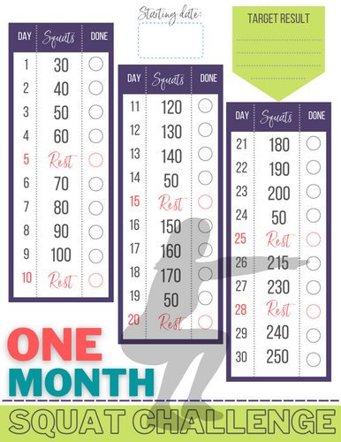 One month Squat Challenge printable by Wondermom Printables.