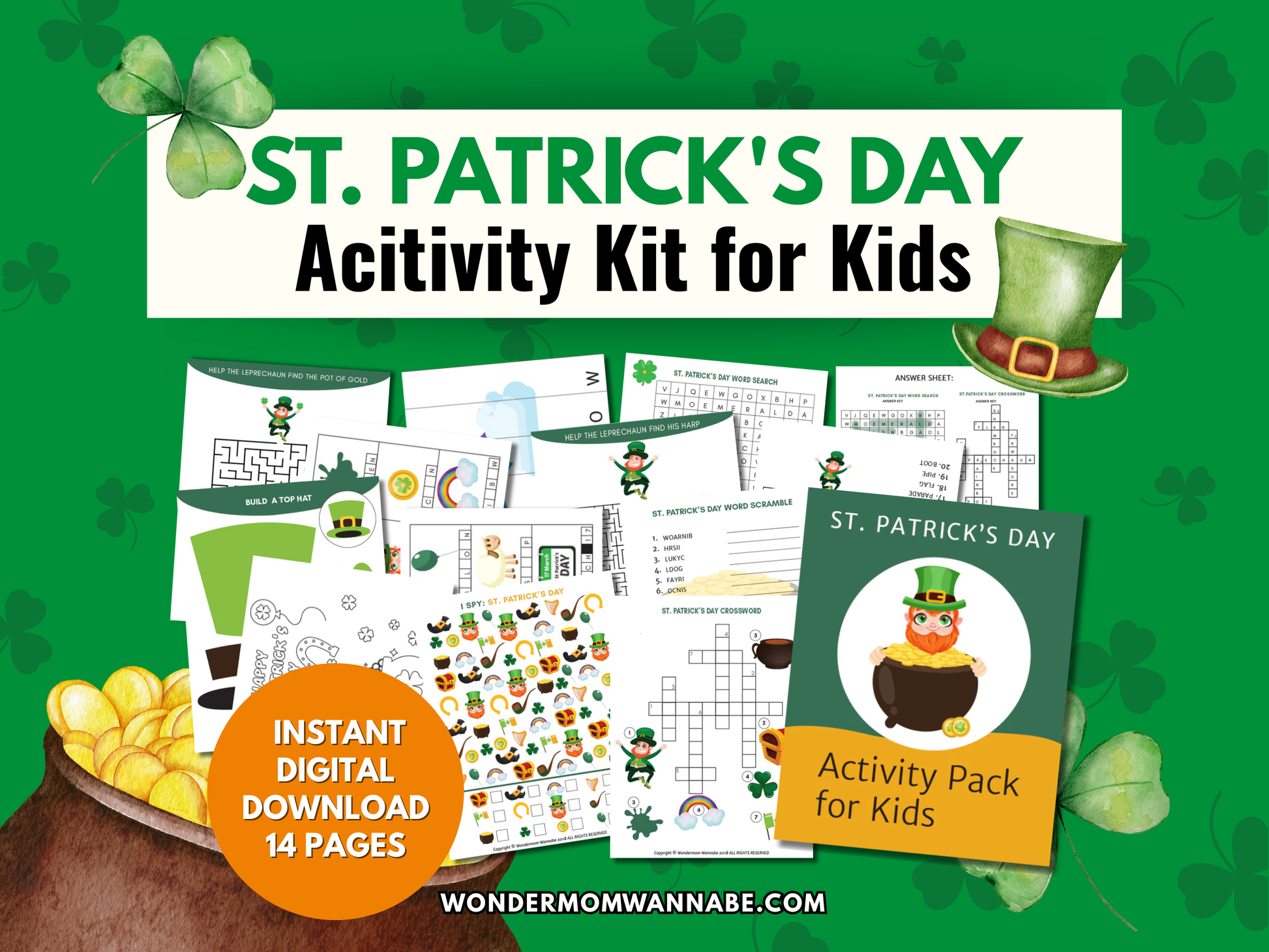 St. Patrick's Day Activity Kit for Kids with a colorful design and various themed activity pages like word searches and mazes.