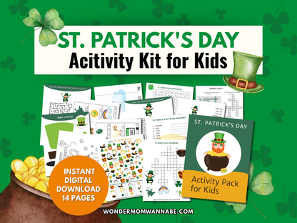 St. Patrick's Day Activity Kit for Kids with a colorful design and various themed activity pages like word searches and mazes.