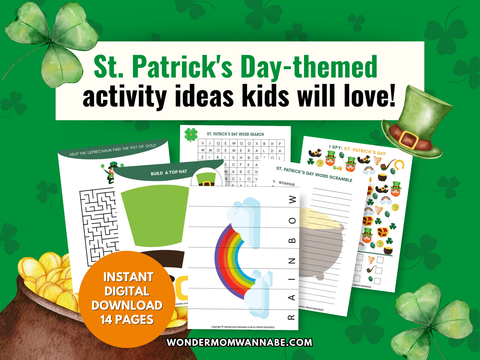 A St. Patrick's Day-themed activity kit for kids with fun activities such as word scrambles, mazes, and "I Spy" games.