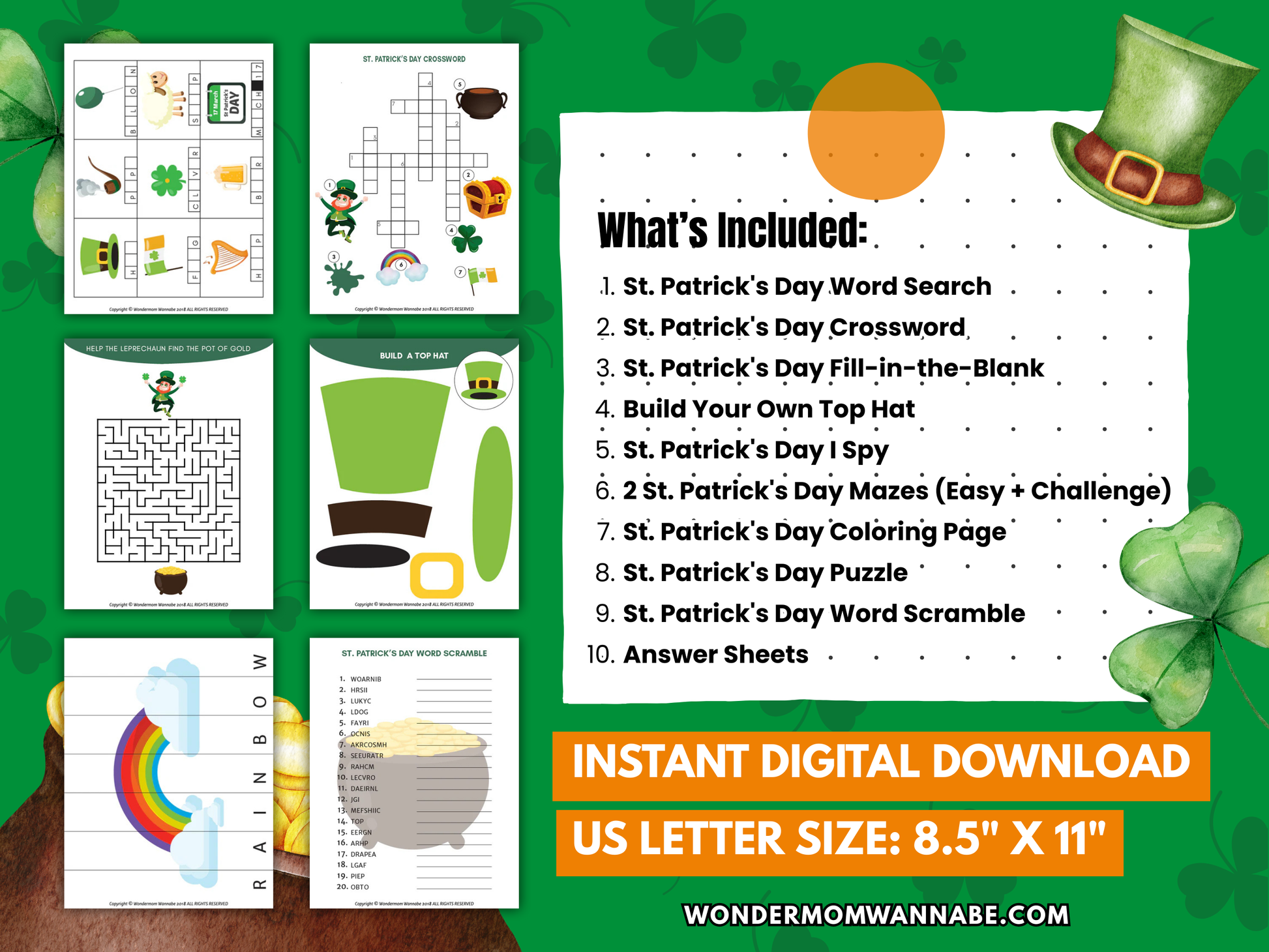 St. Patrick's Day activity kit description listing various activities, including word searches, crosswords, and coloring pages.