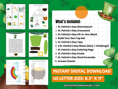St. Patrick's Day activity kit description listing various activities, including word searches, crosswords, and coloring pages.