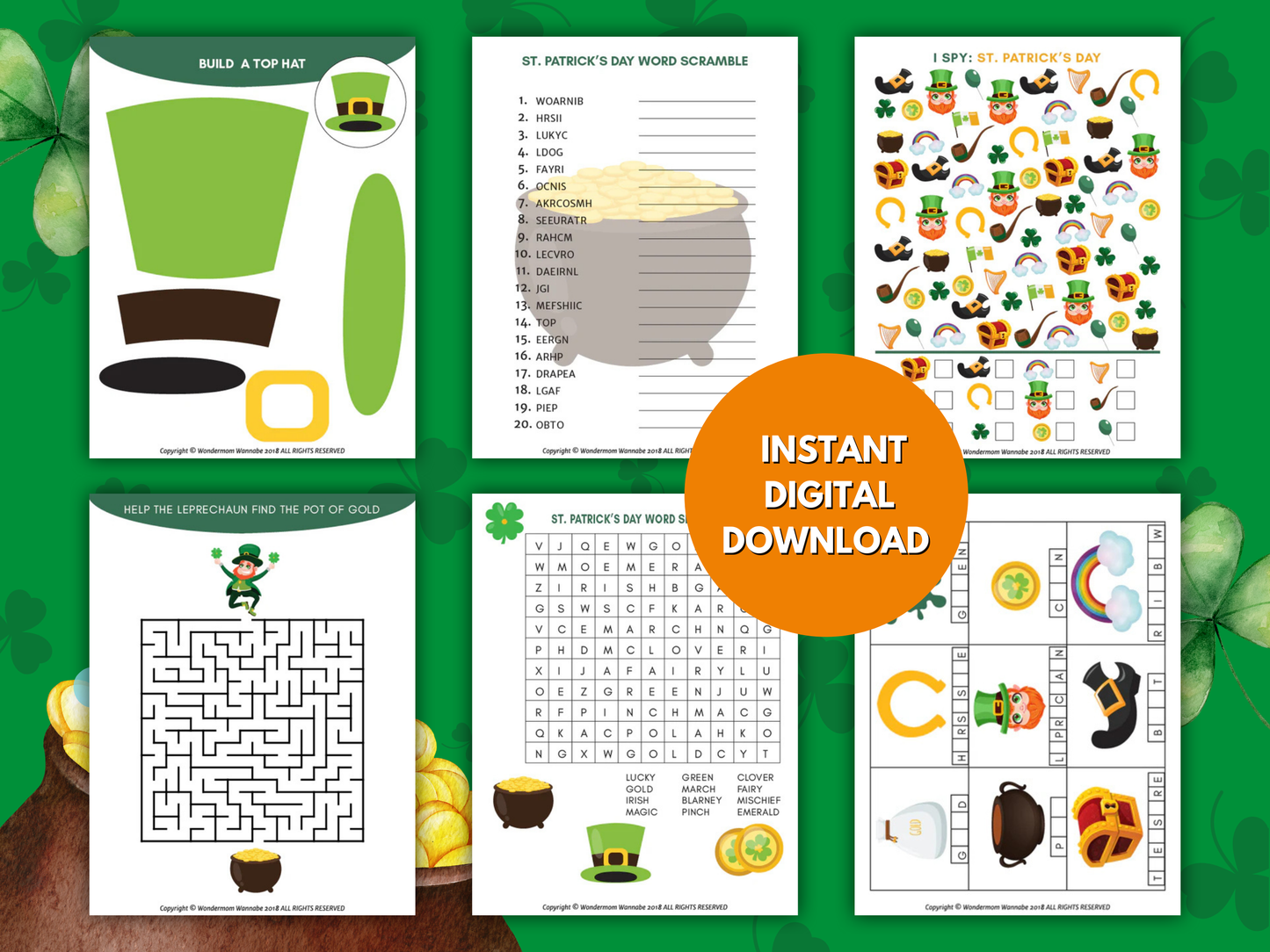 A visual of St. Patrick's Day activities like building a top hat, word scrambles, and a maze game for kids.