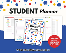 Load image into Gallery viewer, The Ultimate Back-to-School Bundle for Busy Moms by Wondermom Shop includes colorful polka dot weekly summaries, daily and weekly planners, and to-do lists. Instantly download these printable student planners in PDF and PNG formats.
