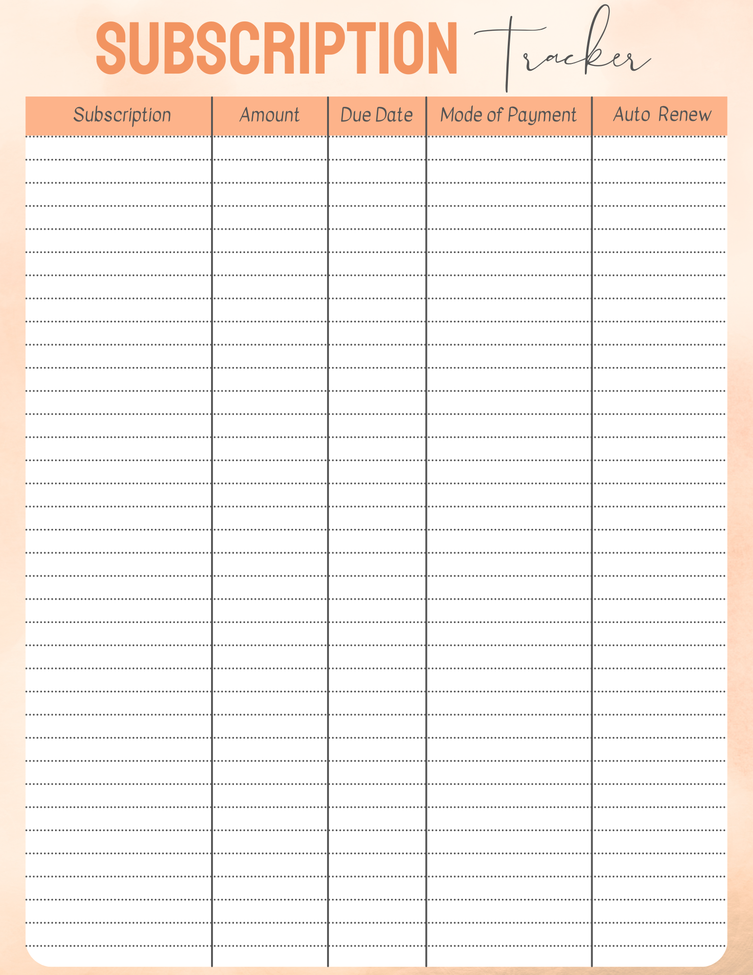 Wondermom Printables Subscription Tracker template with fields for subscription, amount, due date, mode of payment, and auto-renewal status.