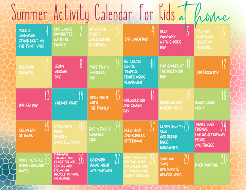 A colorful Summer Activity Calendar for Kids from Wondermom Printables with daily at-home fun ideas.