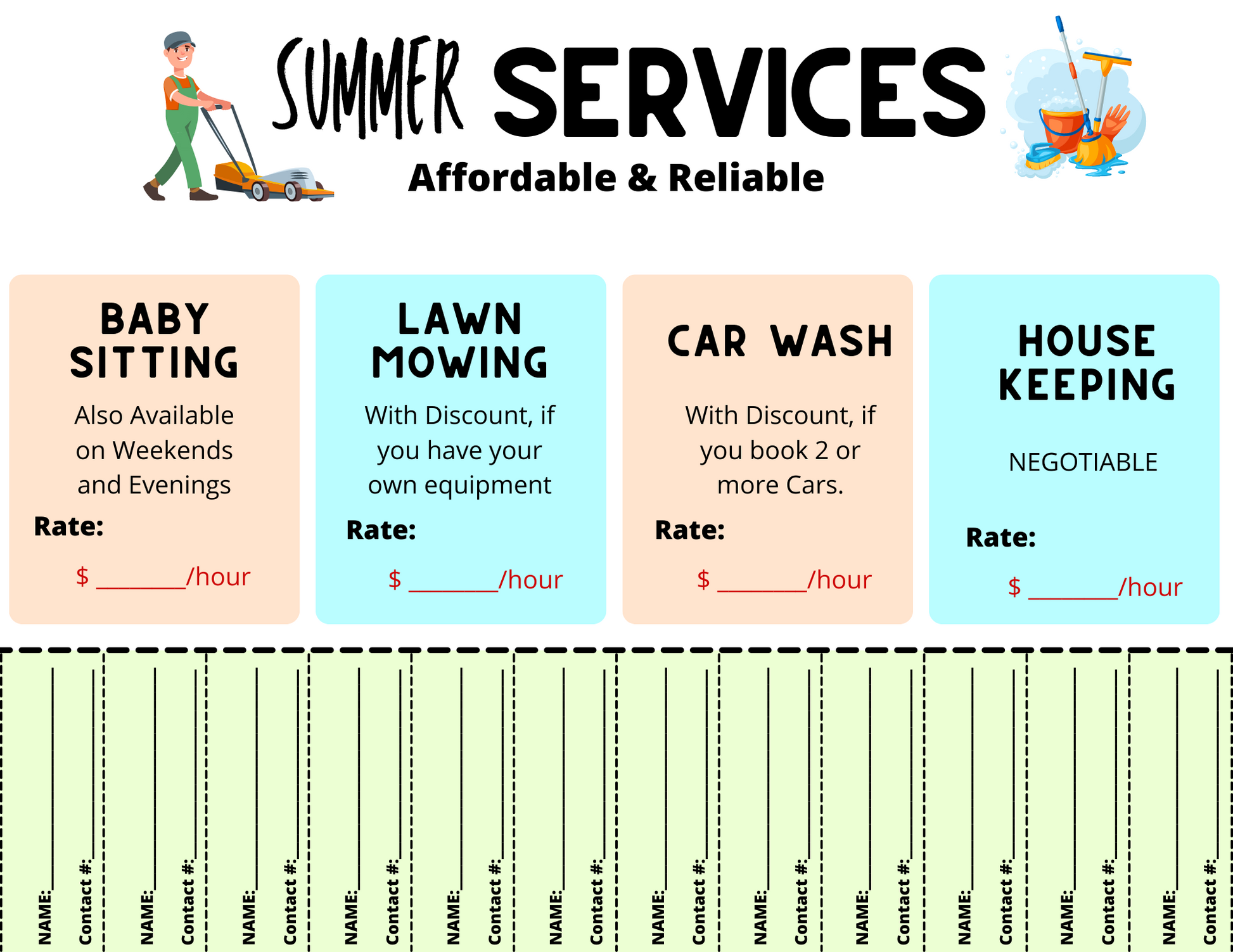 A **Wondermom Printables Summer Job Flyer** designed for entrepreneurial kids, offering services such as babysitting, lawn mowing, car washing, and housekeeping. The flyer includes sections to list availability, discount offers, and space to add rates. Tear-off contact details are conveniently placed at the bottom to help them kickstart their own business.