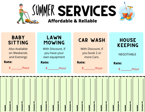 A **Wondermom Printables Summer Job Flyer** designed for entrepreneurial kids, offering services such as babysitting, lawn mowing, car washing, and housekeeping. The flyer includes sections to list availability, discount offers, and space to add rates. Tear-off contact details are conveniently placed at the bottom to help them kickstart their own business.