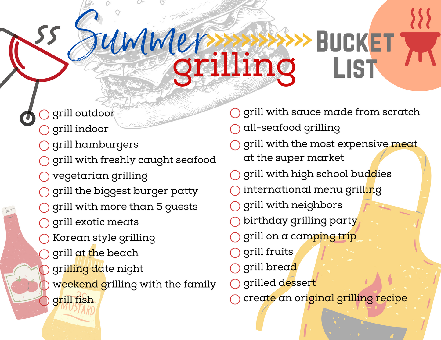 The "Summer Grilling Bucket List" by Wondermom Printables is filled with must-try grilling activities and themes, including new grilling techniques, exotic meats to grill outdoors, and creating original recipes, all accompanied by delightful summer-themed illustrations.
