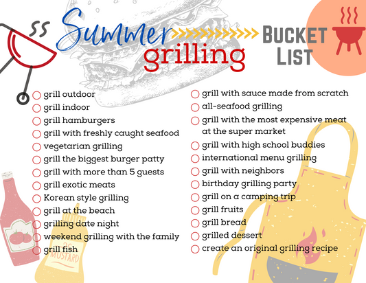 The "Summer Grilling Bucket List" by Wondermom Printables is filled with must-try grilling activities and themes, including new grilling techniques, exotic meats to grill outdoors, and creating original recipes, all accompanied by delightful summer-themed illustrations.