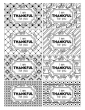 Load image into Gallery viewer, A set of black and white Thanksgiving Coloring Kindness gift tags featuring Wondermom Shop designs.
