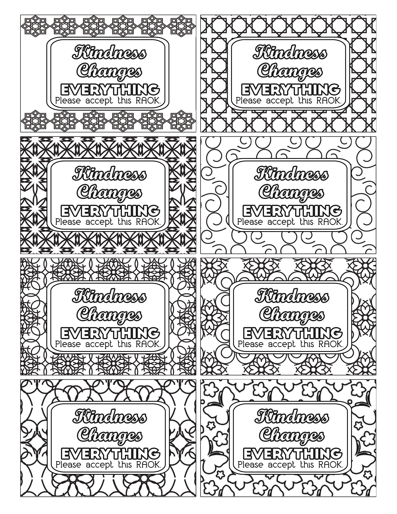 A set of Coloring Kindness Gift Tags with the words 'kindness changes everything', perfect for spreading kindness through gift giving or as a reminder for acts of kindness, from Wondermom Shop.