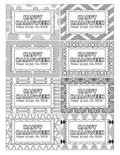 Load image into Gallery viewer, A set of Halloween coloring pages featuring black and white designs, perfect as an act-of-kindness or for creating Wondermom Shop Coloring Kindness Gift Tags.
