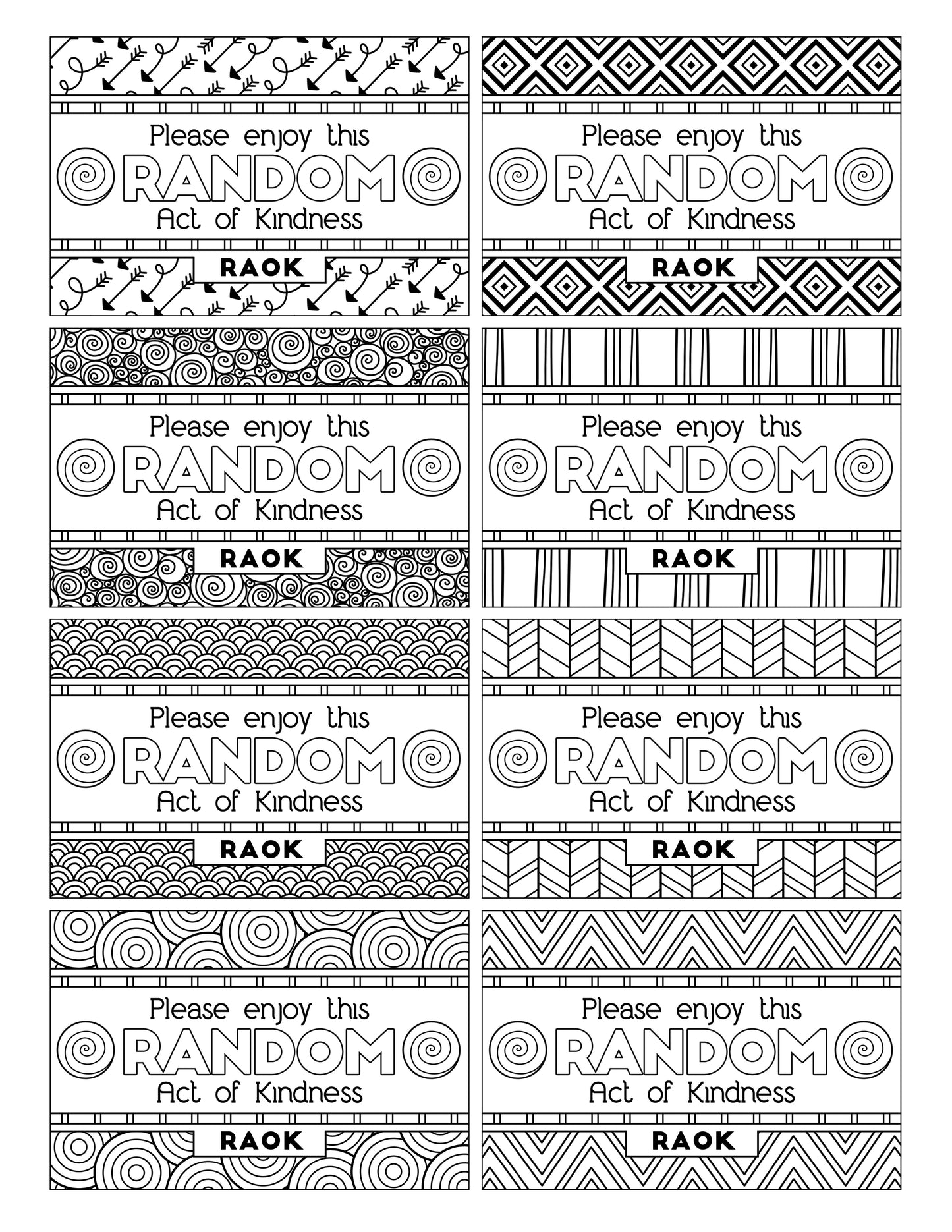A set of black and white coloring pages with different designs and Wondermom Shop's Coloring Kindness Gift Tags.