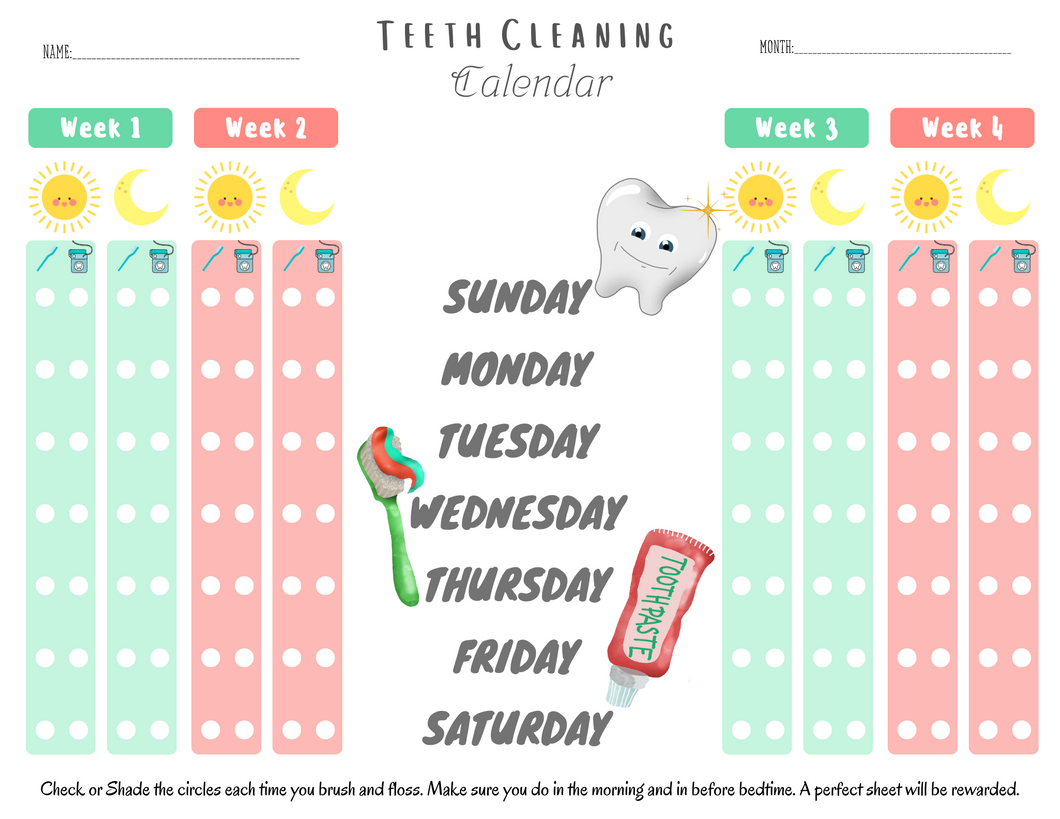 A colorful weekly Teeth Cleaning Calendar for children with spaces to mark morning and evening brushing, decorated with toothbrush, toothpaste, and smiley tooth images by Wondermom Printables.