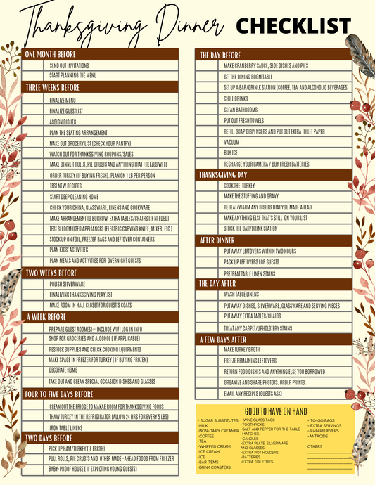 The Thanksgiving Dinner Checklist by Wondermom Printables is an essential tool for stress-free holiday preparations. It features tasks categorized by timeframes, from one month before to after dinner, with vital sections for key items to have on hand. Beautifully decorated with leaves and feathers, this printable checklist ensures you won't miss a thing this Thanksgiving.