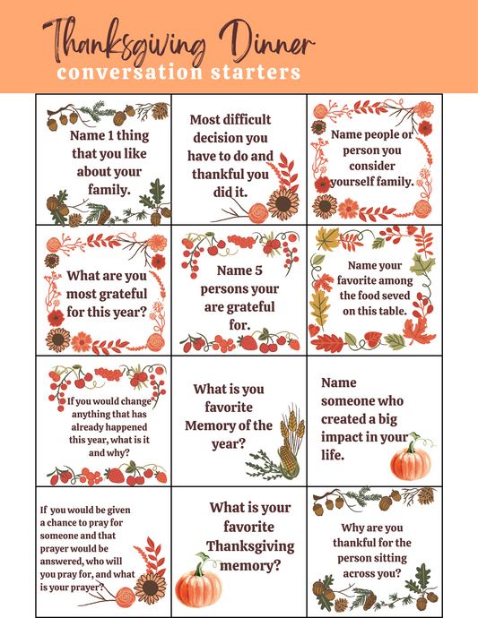 Introducing the Thanksgiving Dinner Conversation Starters by Wondermom Printables, a perfect addition to your Thanksgiving dinner. This printable sheet includes various prompts about thankfulness, memorable moments, and family, each beautifully adorned with autumnal designs like leaves, pumpkins, and flowers.