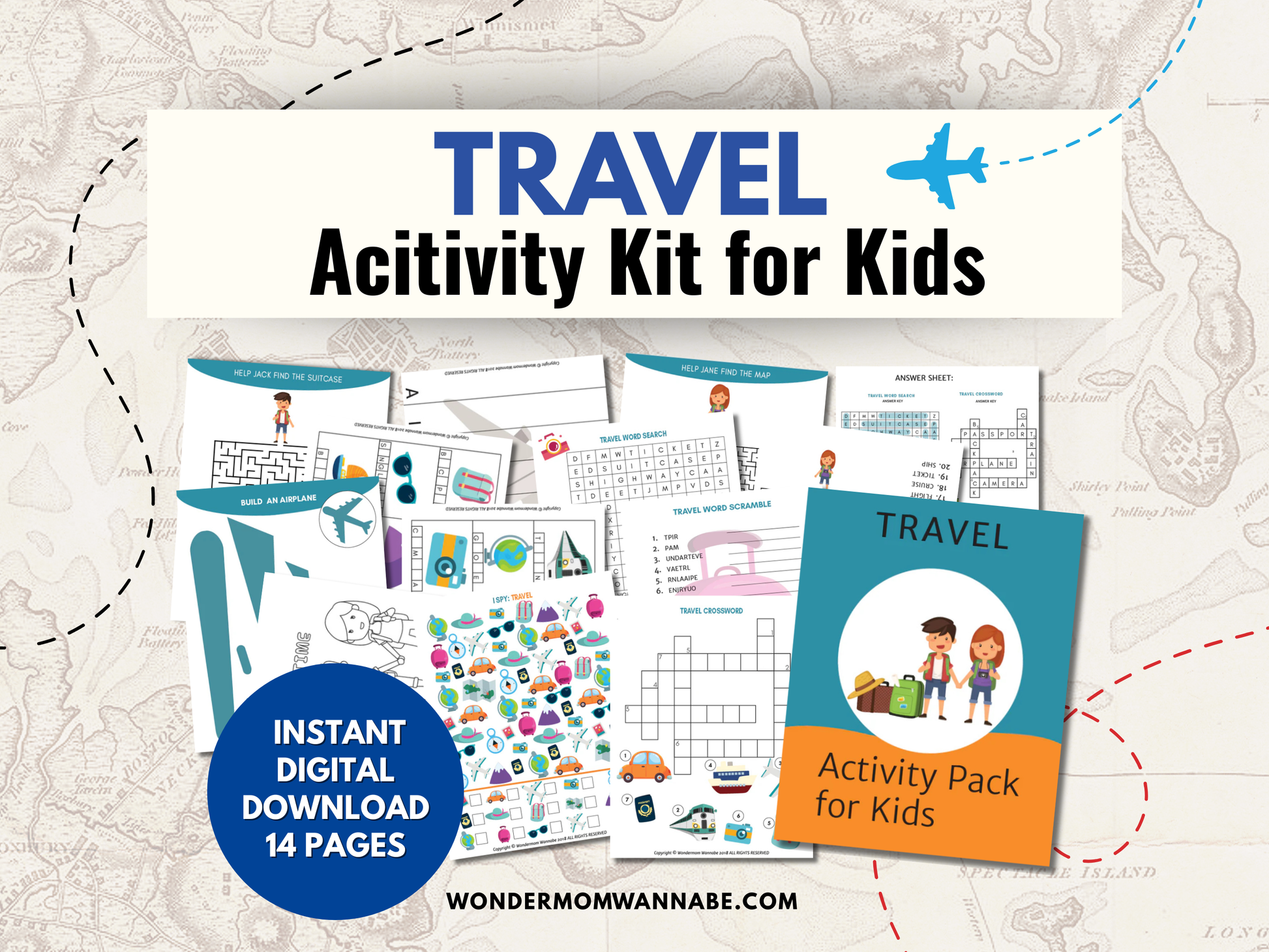 Travel activity kit for kids printable pages.