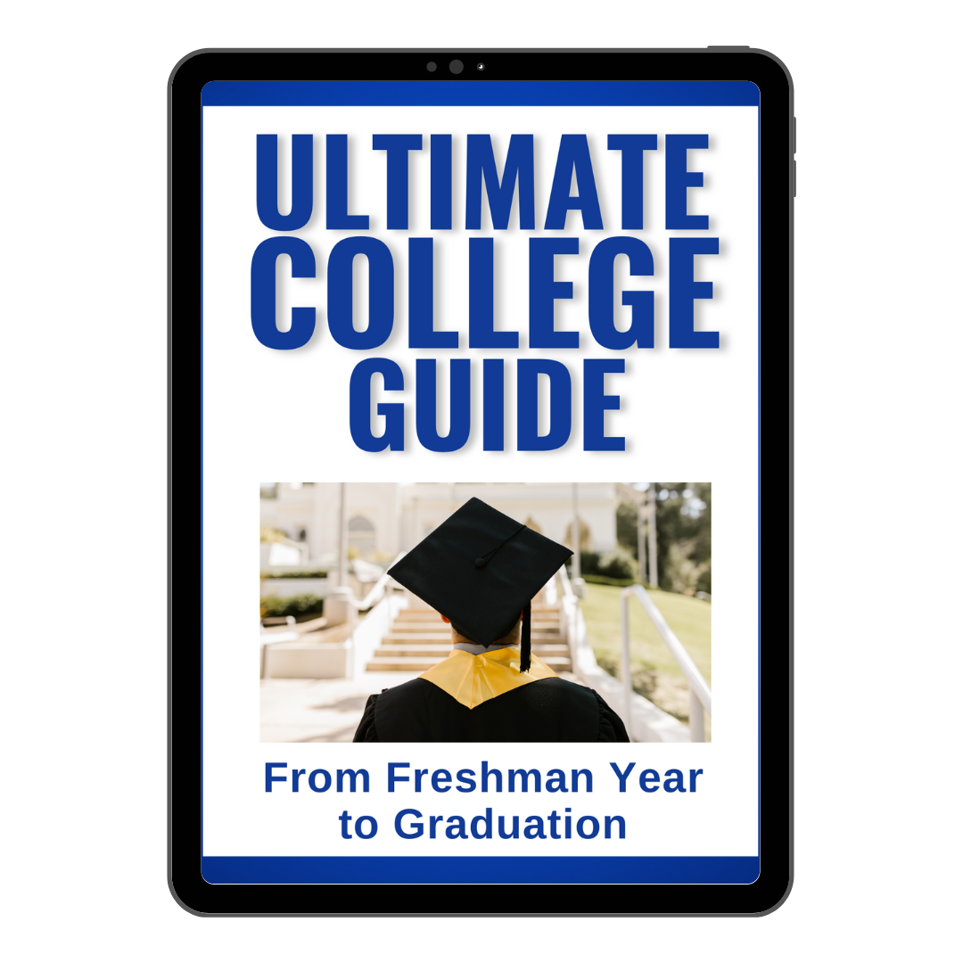 Cover of "The Ultimate College Guide" by Wondermom Shop displayed on a tablet screen, featuring an image of a student in a graduation cap and gown. Text reads "From Freshman Year to Graduation". This comprehensive guide emphasizes academic preparation for success at every stage.