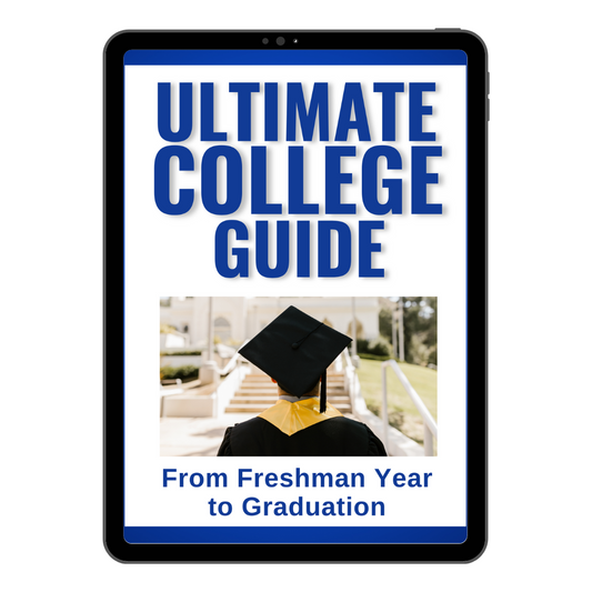 Cover of "The Ultimate College Guide" by Wondermom Shop displayed on a tablet screen, featuring an image of a student in a graduation cap and gown. Text reads "From Freshman Year to Graduation". This comprehensive guide emphasizes academic preparation for success at every stage.