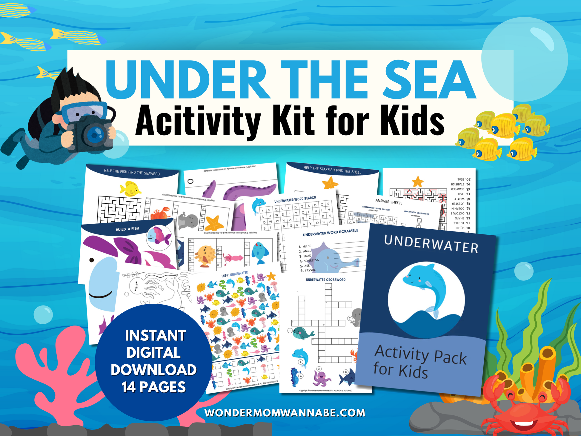 Under the Sea activity kit preview showing ocean-themed printable games for kids.