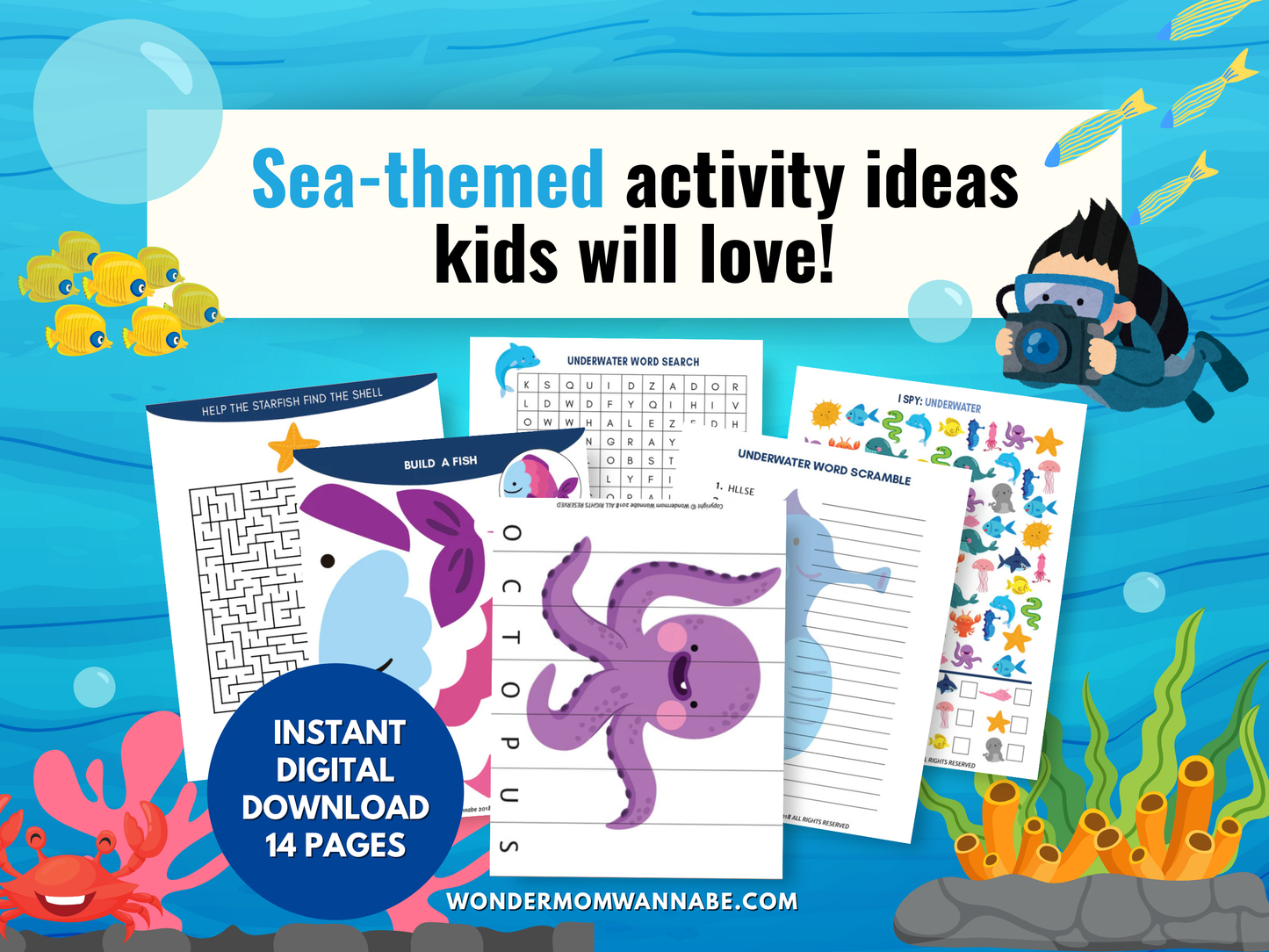 Sea-themed kids activity pack with fish, octopus, and underwater learning pages.