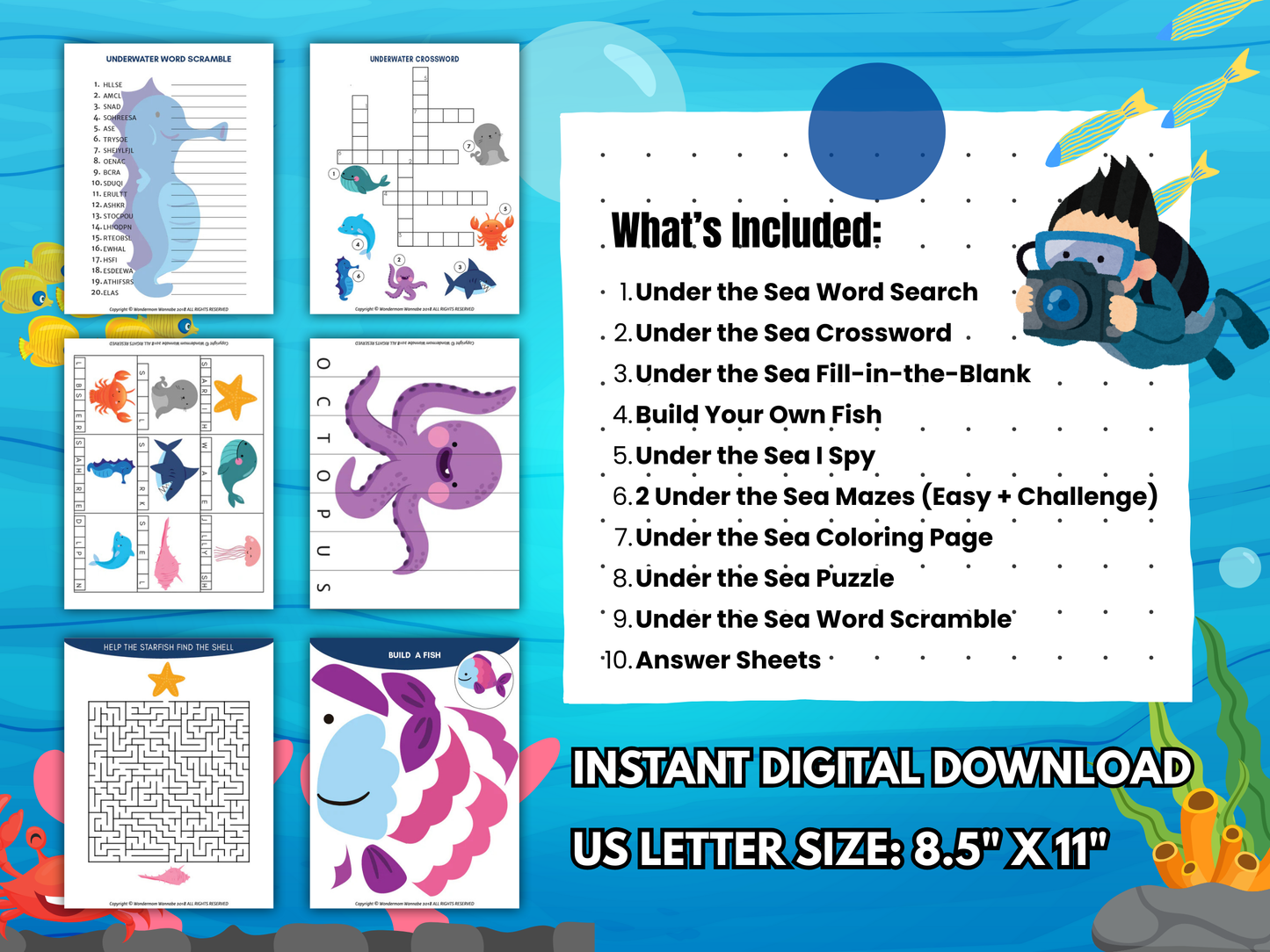 Under the Sea printable worksheets including mazes, puzzles, and word games.