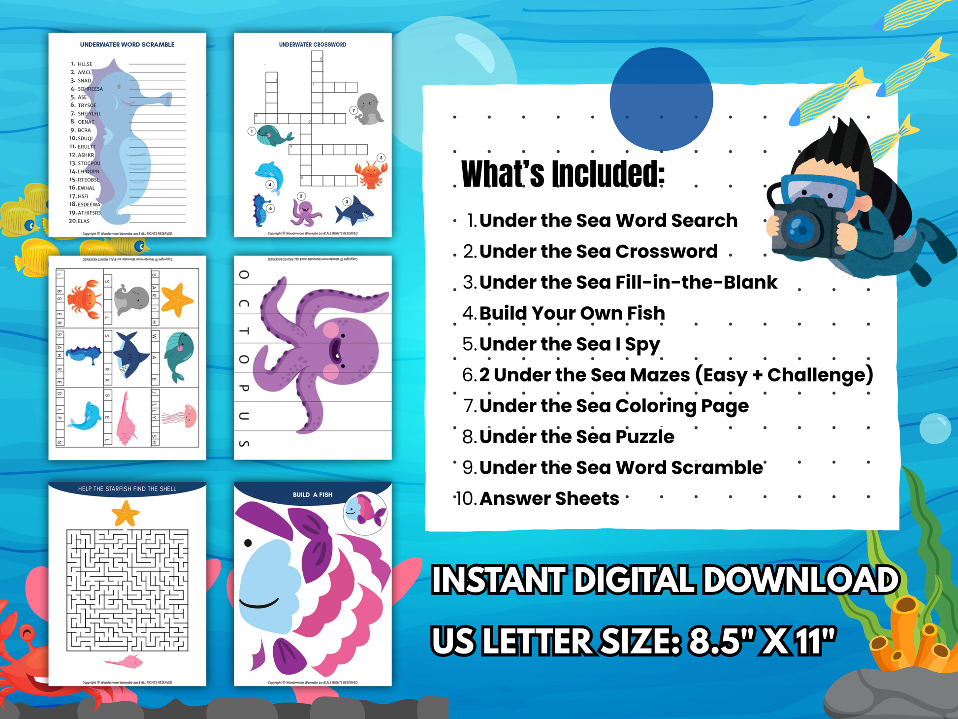 Under the Sea printable worksheets including mazes, puzzles, and word games.