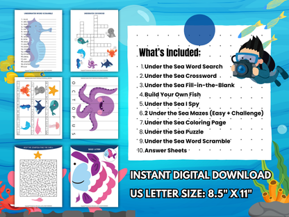 Under the Sea printable worksheets including mazes, puzzles, and word games.