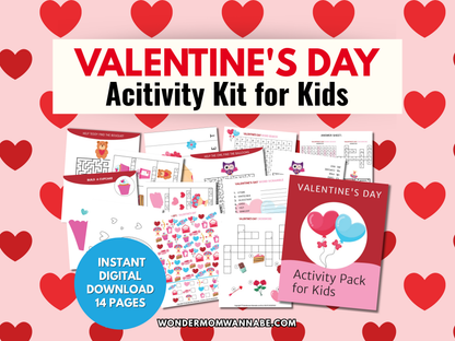 Valentine’s Day Activity Kit for Kids cover showing printable games and worksheets with heart background and “Instant Digital Download – 14 Pages” badge.