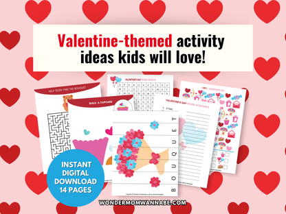 Promo graphic featuring Valentine-themed printable activity pages like word search, maze, and bouquet letter sheet with “Instant Digital Download” badge.