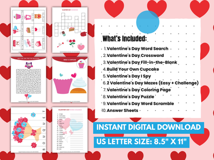 Collage preview of included Valentine’s Day activities with a checklist of what’s inside and details showing instant download and US letter size.