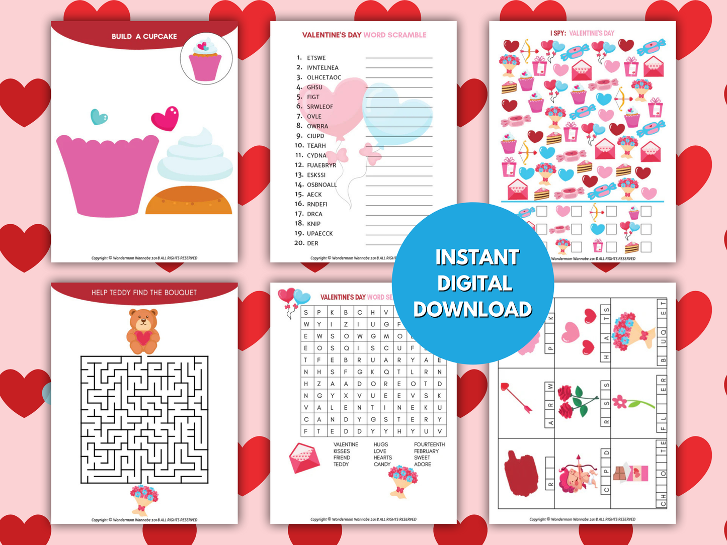 Preview of Valentine’s Day printable activity pages including cupcake craft, word scramble, maze, word search, and I Spy, labeled instant digital download.