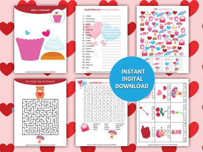 Preview of Valentine’s Day printable activity pages including cupcake craft, word scramble, maze, word search, and I Spy, labeled instant digital download.