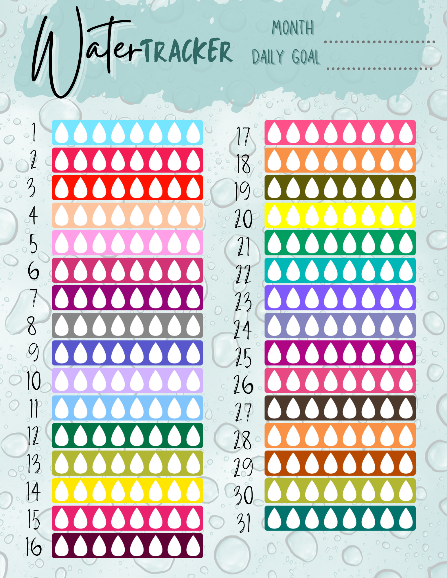 Stay hydrated with the vibrant Wondermom Printables Water Tracker! This colorful, printable tracker features 31 rows labeled 1-31 and 8 columns of water drop icons. Each row represents a day of the month, and each colored drop signifies daily water intake. The background is beautifully adorned with water droplets to make tracking your hydration more enjoyable.