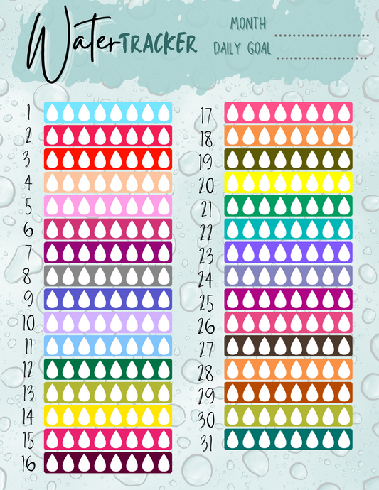 Stay hydrated with the vibrant Wondermom Printables Water Tracker! This colorful, printable tracker features 31 rows labeled 1-31 and 8 columns of water drop icons. Each row represents a day of the month, and each colored drop signifies daily water intake. The background is beautifully adorned with water droplets to make tracking your hydration more enjoyable.