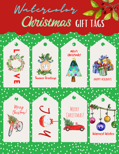 Festive Wondermom Printables Watercolor Christmas gift tags on a polka dot background.