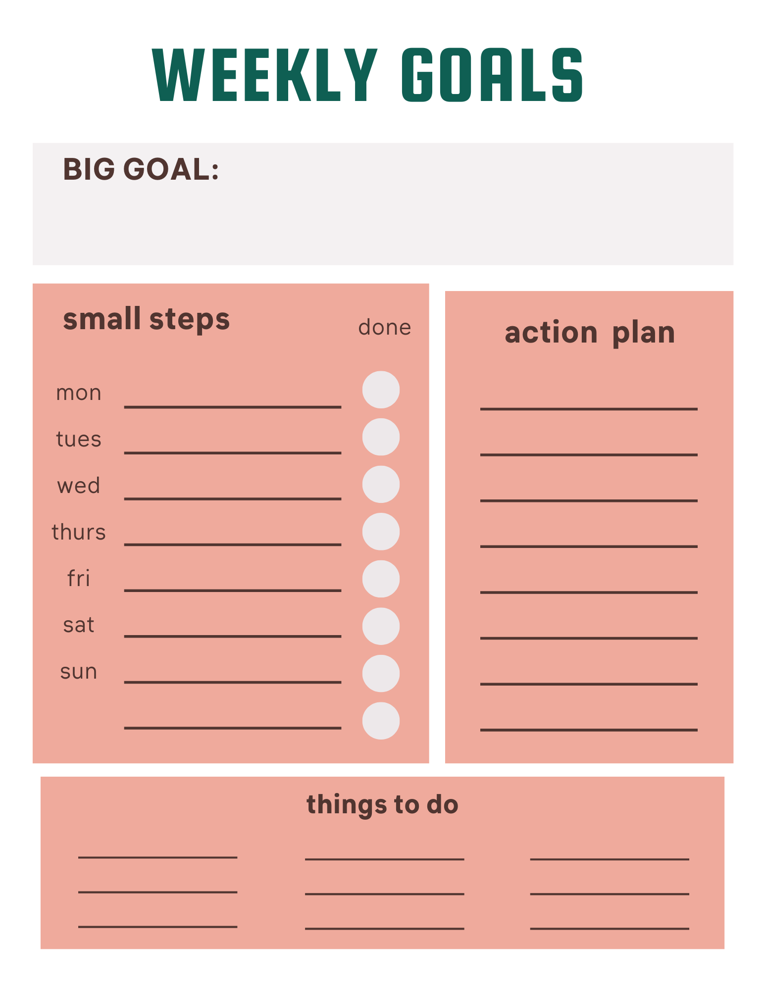A Wondermom Printables Weekly Goal Planner with sections for a big goal, small steps for each day of the week with checkboxes, an action plan, and a to-do list. Background is white with red-tinted sections.