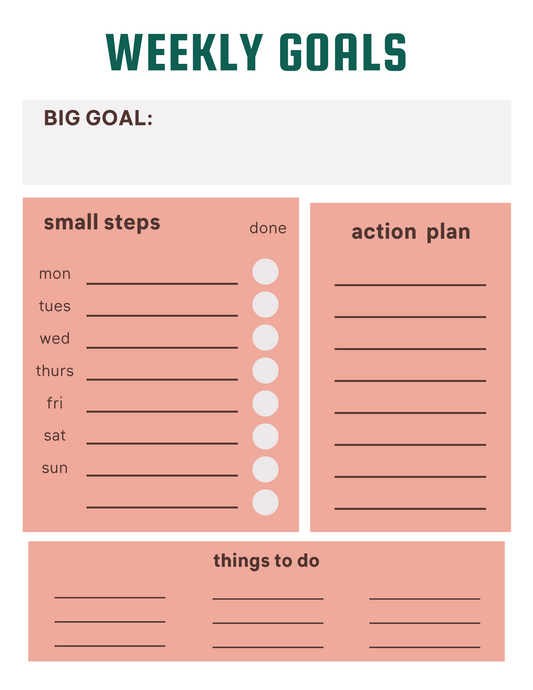 A Wondermom Printables Weekly Goal Planner with sections for a big goal, small steps for each day of the week with checkboxes, an action plan, and a to-do list. Background is white with red-tinted sections.