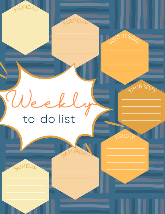 Boost productivity with Wondermom Printables' "Weekly To-Dos." This illustrated weekly to-do list features hexagonal sections for each day on a textured blue background. The central text reads "Weekly To-Dos," and each day's section is left blank for note-taking.