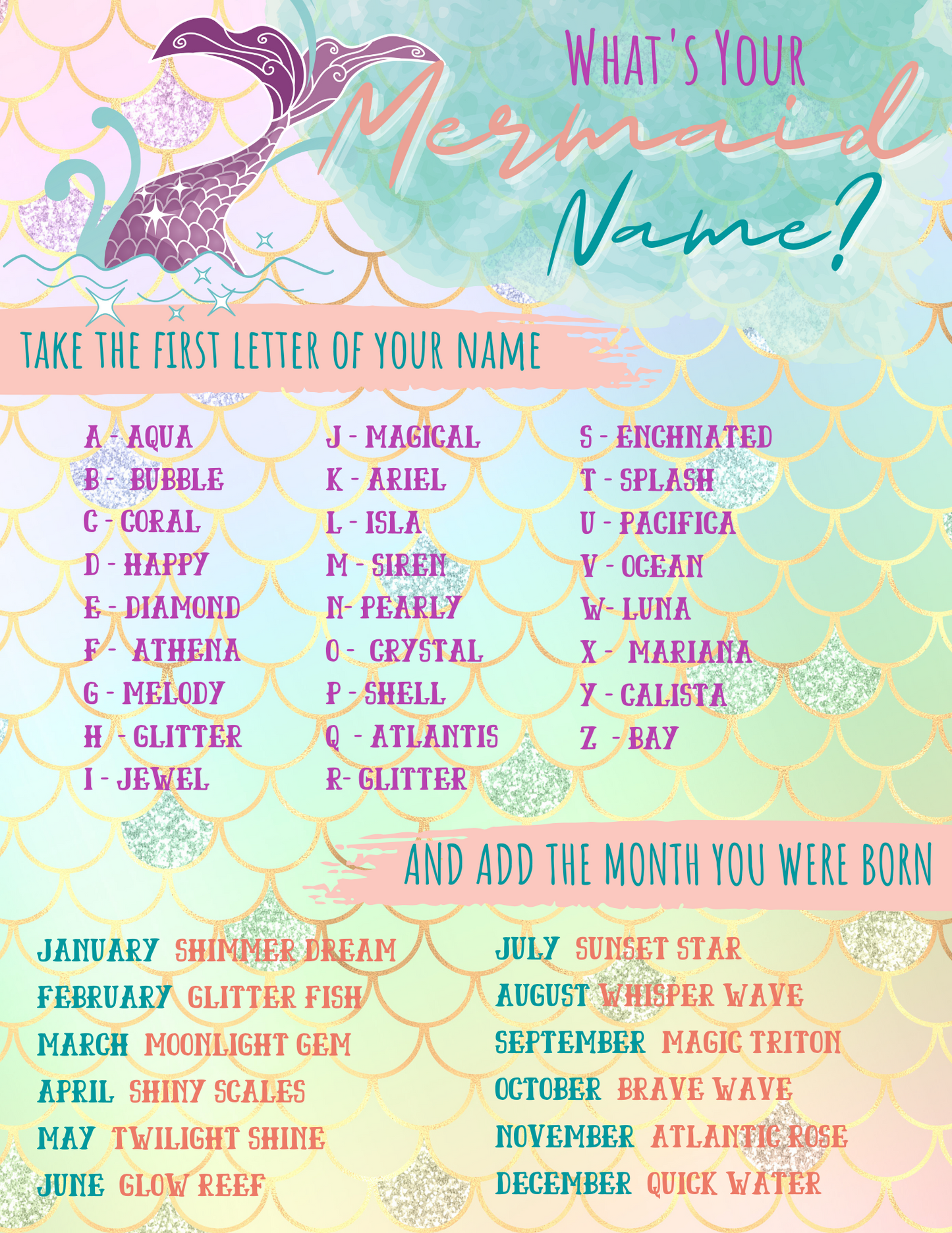 The chart titled "What's Your Mermaid Name?" by Wondermom Printables features a colorful design that associates letters with different words and includes a list of months linked with additional words, allowing users to create their own unique mermaid names.