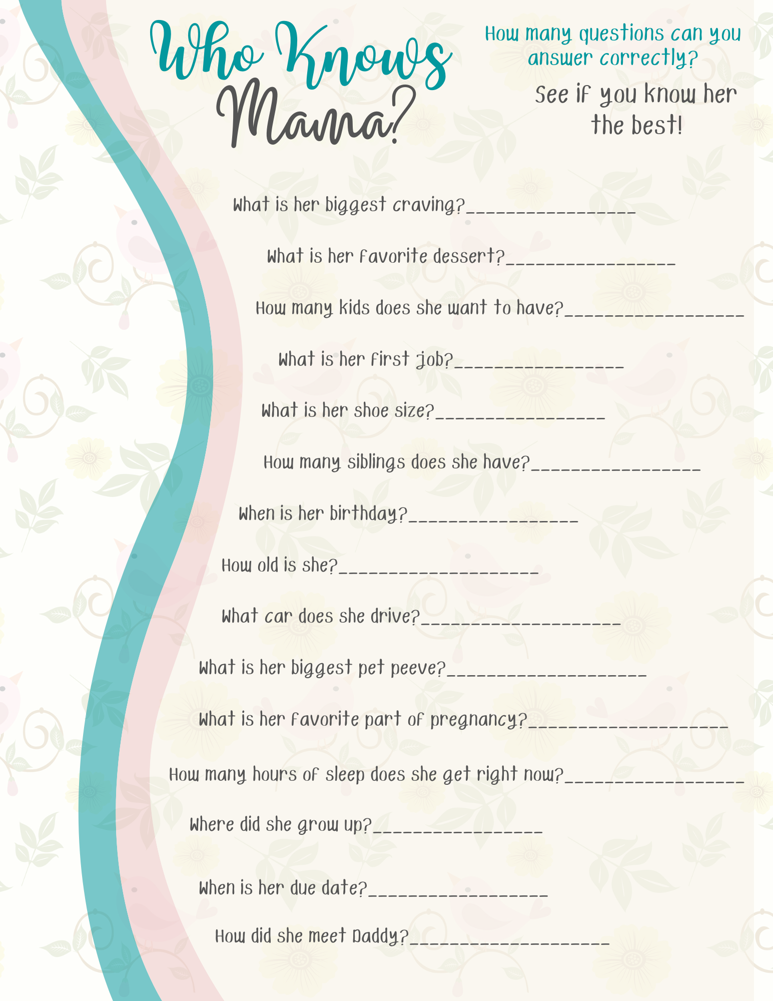 The "Who Knows Mama Baby Shower Game" by Wondermom Printables is a delightful game filled with questions about a mother's preferences, interests, and personal history. Enjoy instant download for endless fun!