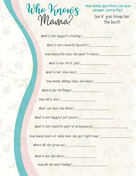 The "Who Knows Mama Baby Shower Game" by Wondermom Printables is a delightful game filled with questions about a mother's preferences, interests, and personal history. Enjoy instant download for endless fun!