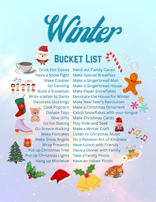 Discover the Winter Bucket List from Wondermom Printables, featuring 39 activities like baking cookies, building a snowman, ice skating, and holiday crafts. Adorned with festive icons such as snowflakes, candy canes, and winter accessories, this printable list is perfect for all your winter adventures!
