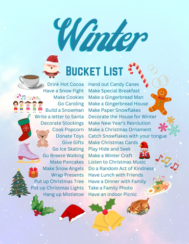 Discover the Winter Bucket List from Wondermom Printables, featuring 39 activities like baking cookies, building a snowman, ice skating, and holiday crafts. Adorned with festive icons such as snowflakes, candy canes, and winter accessories, this printable list is perfect for all your winter adventures!