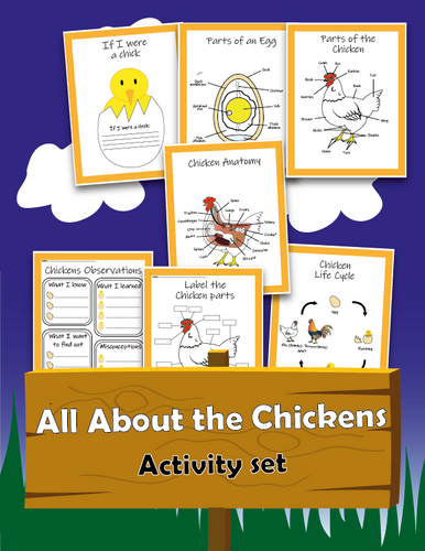 The Chickens Activity Set from Wondermom Shop is an educational pack titled 'All About the Chickens' that includes worksheets on chicks, chicken anatomy, observation notes, labeling parts, and the chicken life cycle, all presented against a scenic background.