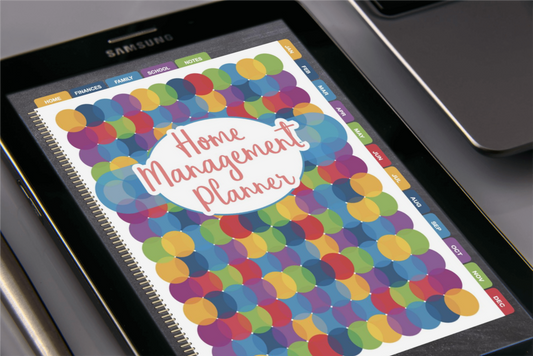 A digital Home Management Planner Bundle displayed on a Samsung tablet, featuring a colorful dotted cover design and including a Utilities Tracker by Wondermom Shop.