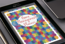 Load image into Gallery viewer, A digital Home Management Planner Bundle displayed on a Samsung tablet, featuring a colorful dotted cover design and including a Utilities Tracker by Wondermom Shop.
