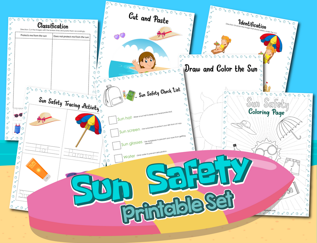 Introducing the Sun Safety Activity Set by Wondermom Shop: a perfect printable collection for young outdoor enthusiasts! This set features educational pages titled Classification, Cut and Paste, Identification, Sun Safety Tracing Activity, Sun Safety Checklist, and Coloring Page.