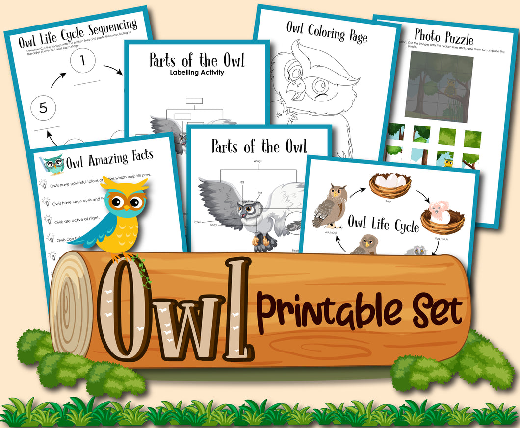 This Owls Activity Set by Wondermom Shop is an educational, owl-themed printable collection, featuring activity sheets on the owl life cycle, parts of the owl, coloring pages, and a photo puzzle. The set is adorned with an illustrated owl and a log design.